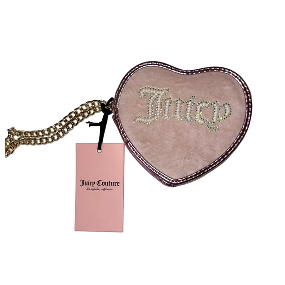 Juicy Couture Handbags - Juicy Couture Heart Coin Purse Pink Rhinestone Logo Chain Wristlet NWT